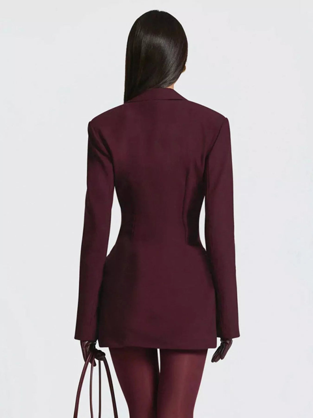 Plus Size Blazer Mini Dress with ruched detail and long sleeves, featuring a tailored structured silhouette in a chic mini length