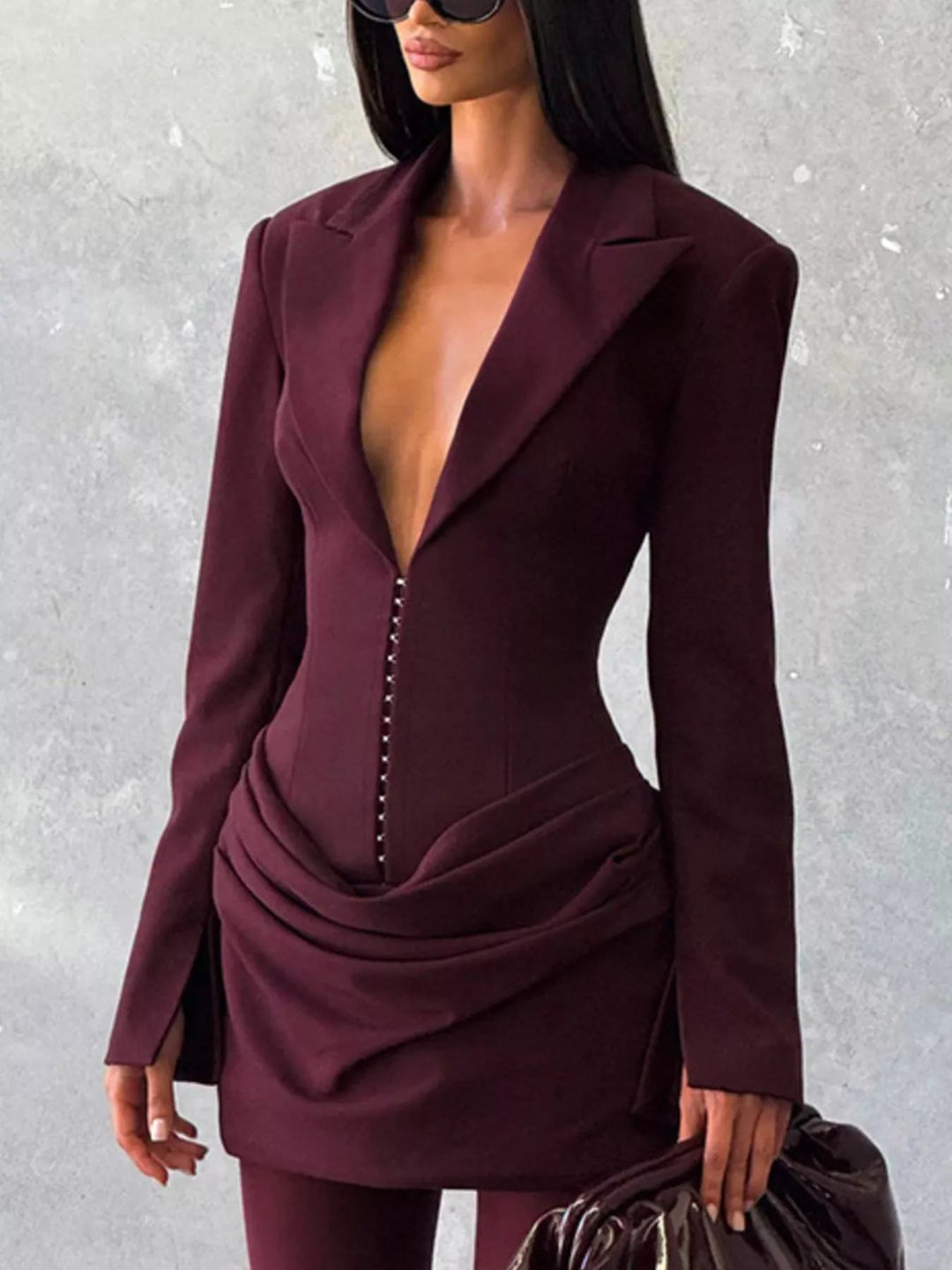 Plus Size Blazer Mini Dress with ruched detail and long sleeves, featuring a tailored structured silhouette in a chic mini length