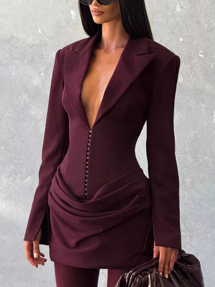 Plus Size Blazer Mini Dress with ruched detail and long sleeves, featuring a tailored structured silhouette in a chic mini length