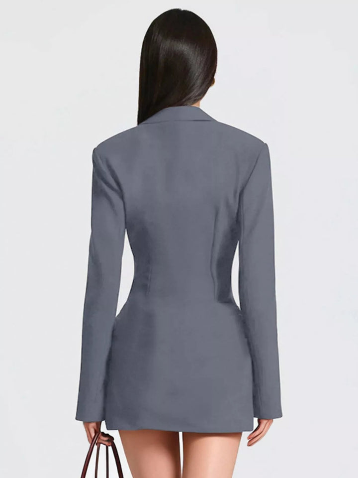 Plus Size Blazer Mini Dress with ruched detail and long sleeves, featuring a tailored structured silhouette in a chic mini length