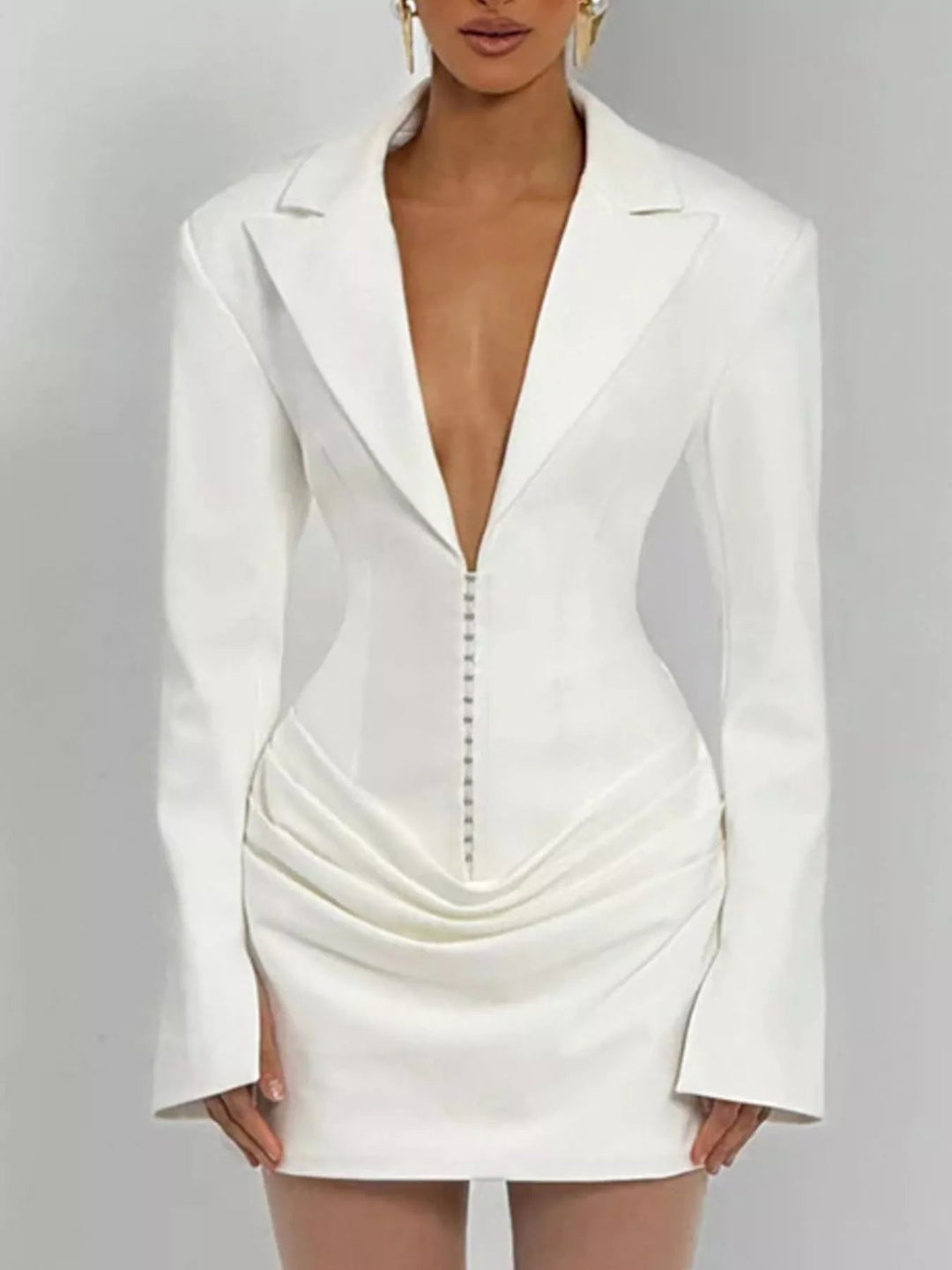 Plus Size Blazer Mini Dress with ruched detail and long sleeves, featuring a tailored structured silhouette in a chic mini length