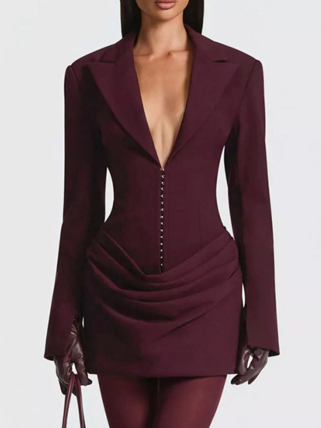 Plus Size Blazer Mini Dress with ruched detail and long sleeves, featuring a tailored structured silhouette in a chic mini length