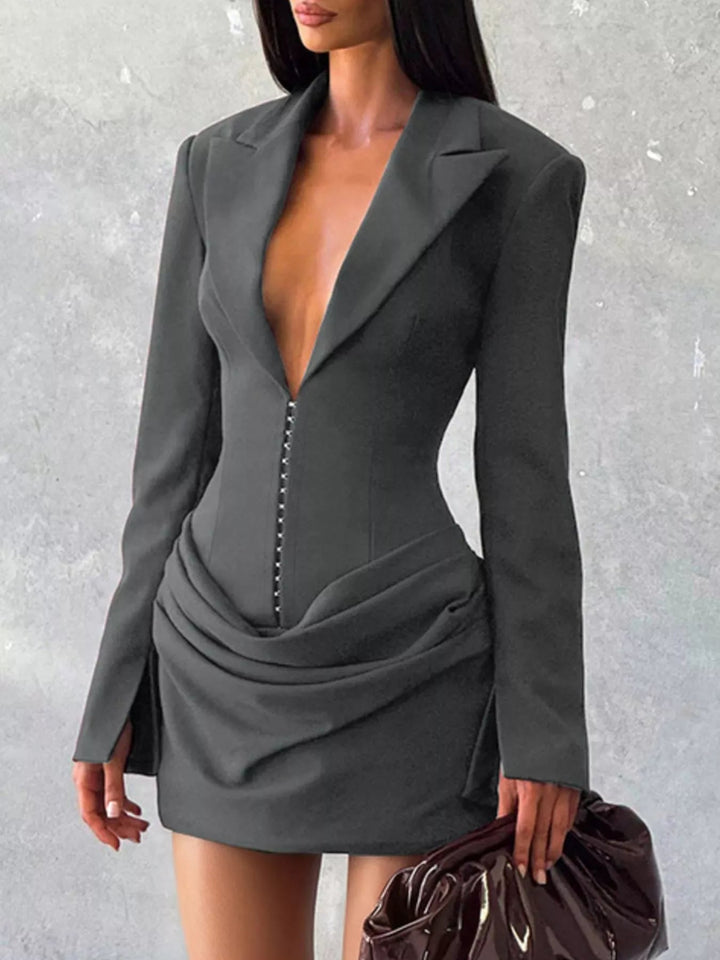 Plus Size Blazer Mini Dress with ruched detail and long sleeves, featuring a tailored structured silhouette in a chic mini length