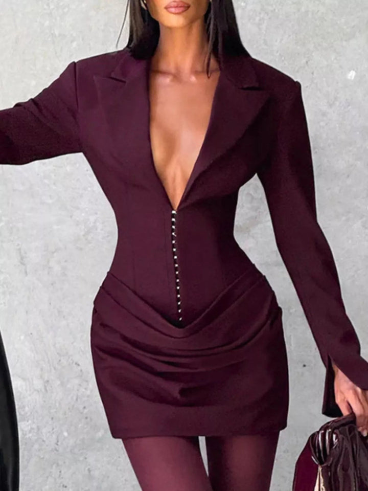 Plus Size Blazer Mini Dress with ruched detail and long sleeves, featuring a tailored structured silhouette in a chic mini length