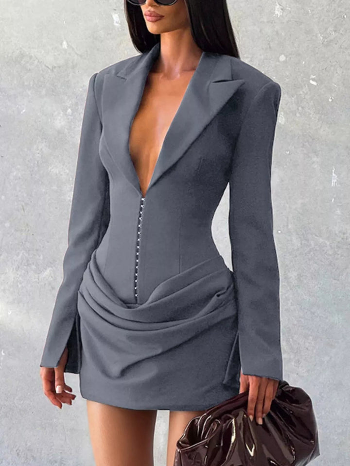 Plus Size Blazer Mini Dress with ruched detail and long sleeves, featuring a tailored structured silhouette in a chic mini length