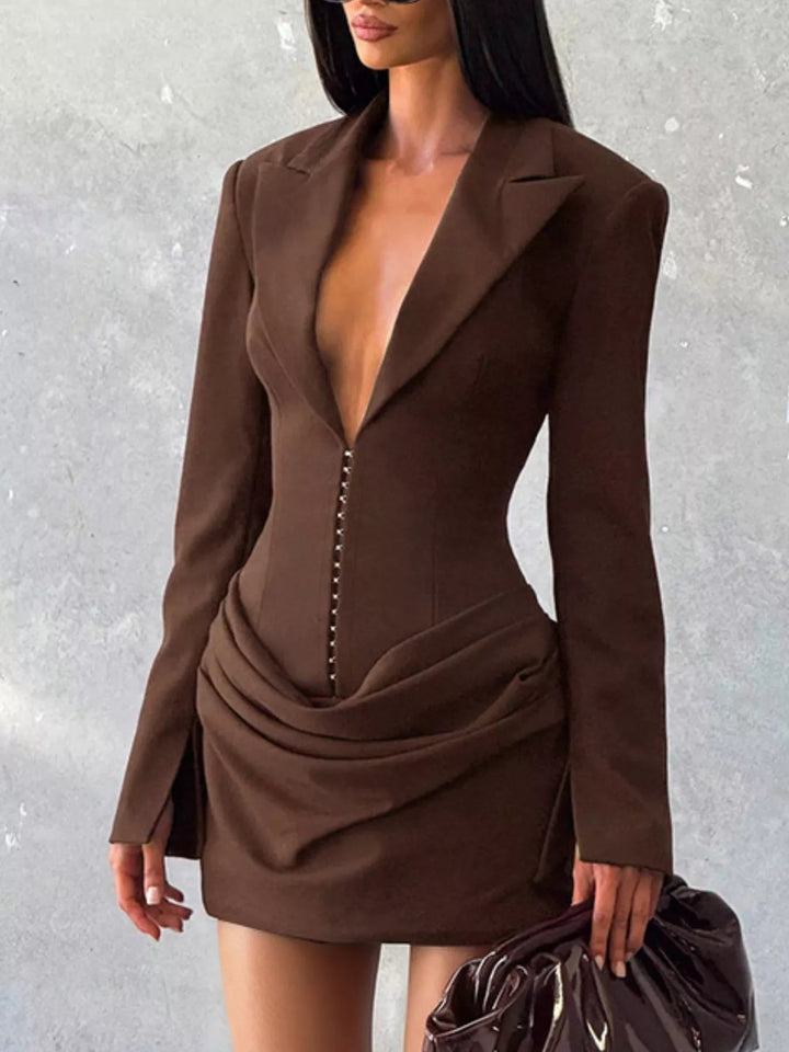 Plus Size Blazer Mini Dress with ruched detail and long sleeves, featuring a tailored structured silhouette in a chic mini length