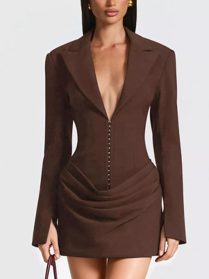Plus Size Blazer Mini Dress with ruched detail and long sleeves, featuring a tailored structured silhouette in a chic mini length