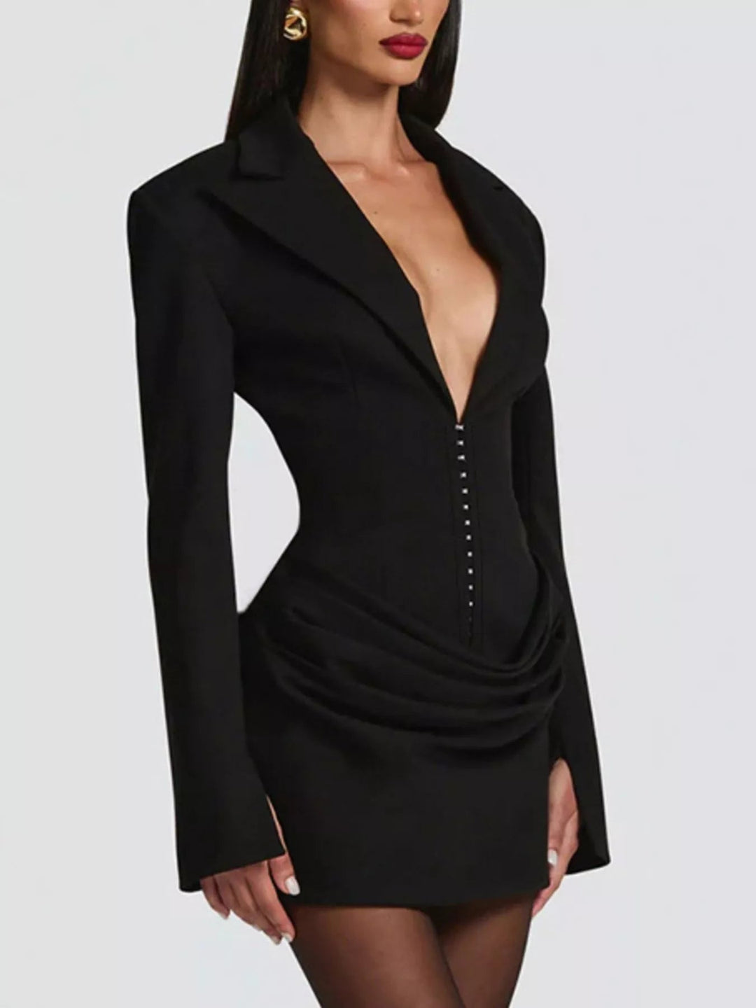 Plus Size Blazer Mini Dress with ruched detail and long sleeves, featuring a tailored structured silhouette in a chic mini length