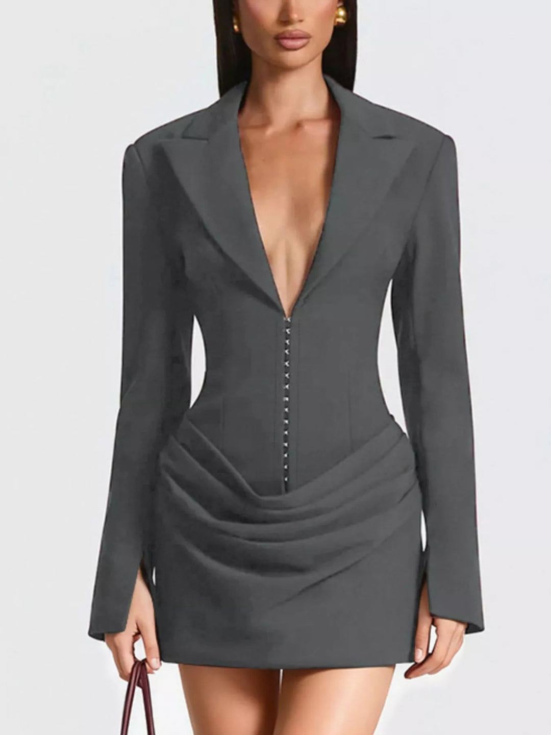 Plus Size Blazer Mini Dress with ruched detail and long sleeves, featuring a tailored structured silhouette in a chic mini length