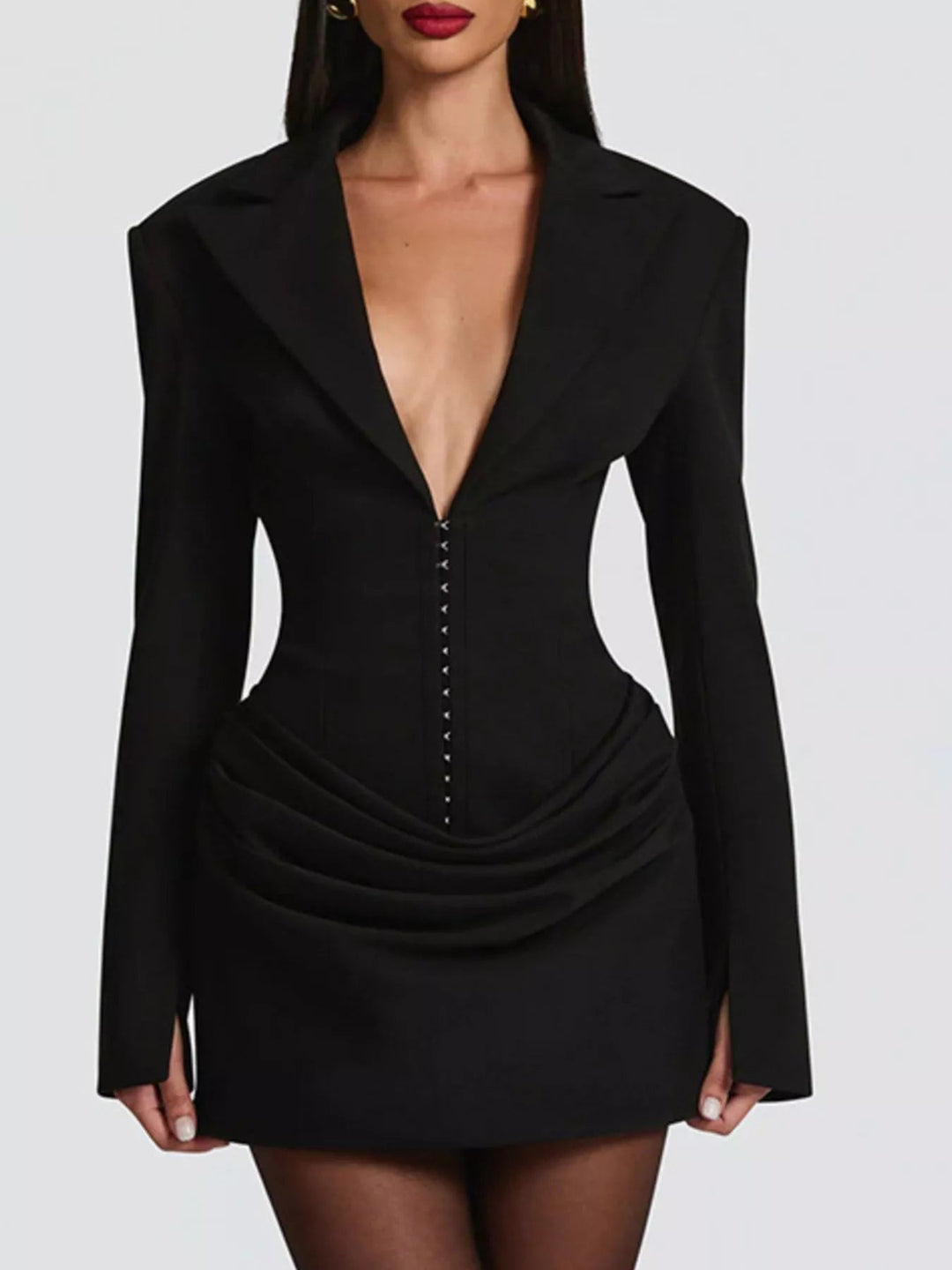 Plus Size Blazer Mini Dress with ruched detail and long sleeves, featuring a tailored structured silhouette in a chic mini length