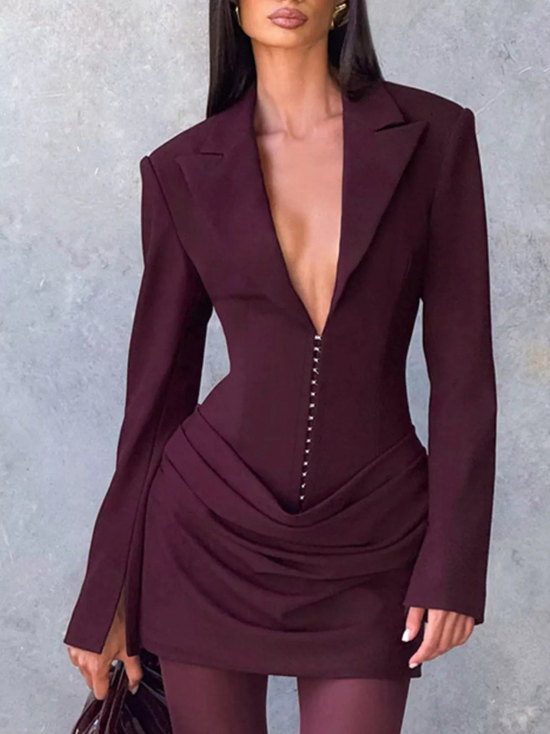 Plus Size Blazer Mini Dress with ruched detail and long sleeves, featuring a tailored structured silhouette in a chic mini length