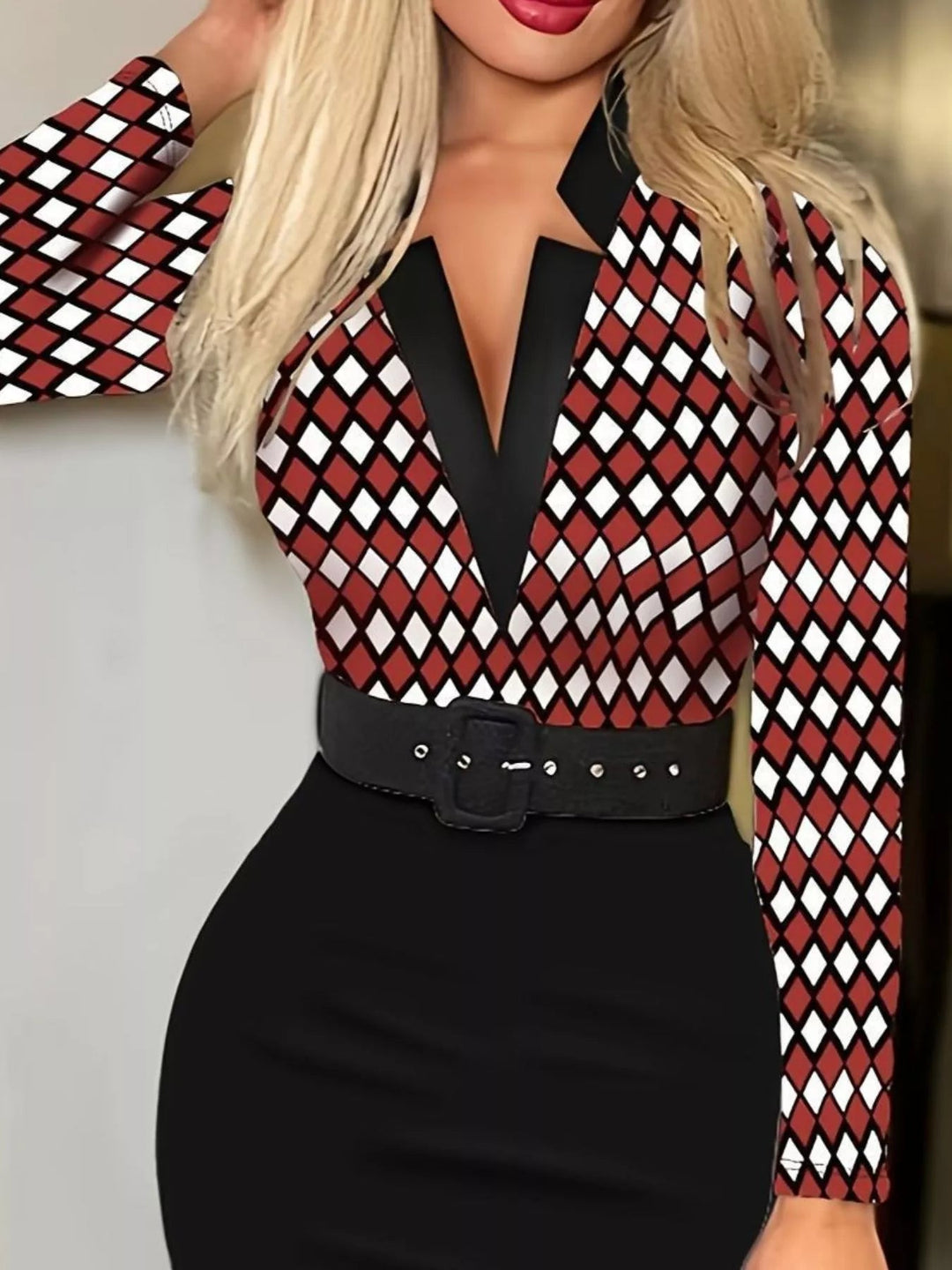 Plus Size Notched Dress with long sleeves and belted waist, featuring a flattering tailored silhouette in soft stretch cotton blend