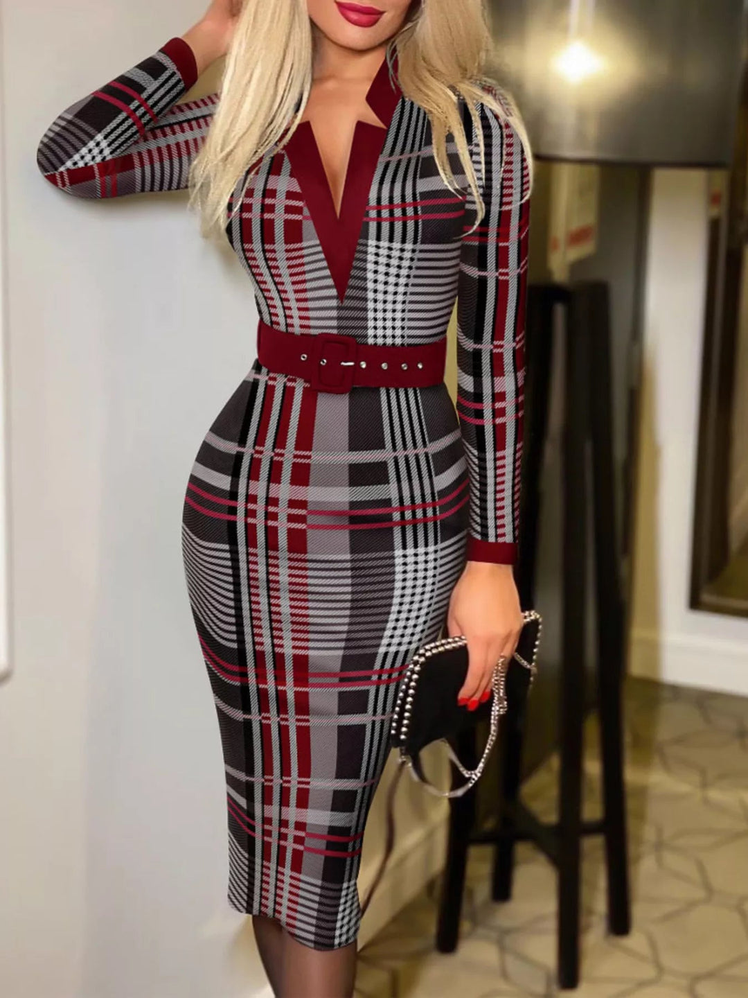 Plus Size Notched Dress with long sleeves and belted waist, featuring a flattering tailored silhouette in soft stretch cotton blend