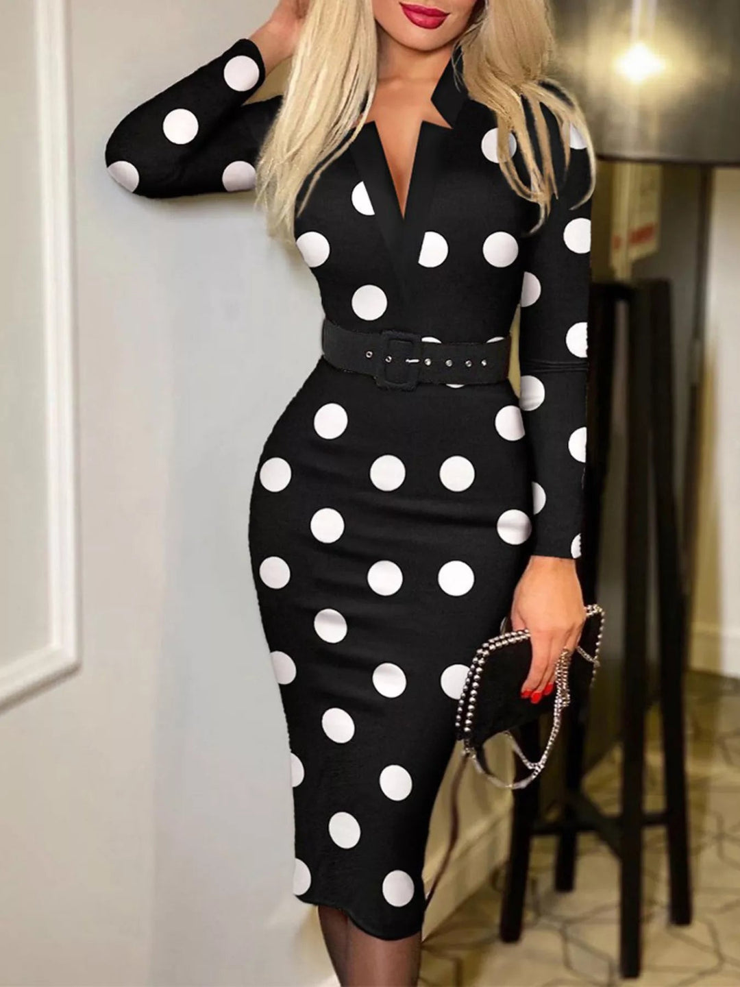 Plus Size Notched Dress with long sleeves and belted waist, featuring a flattering tailored silhouette in soft stretch cotton blend