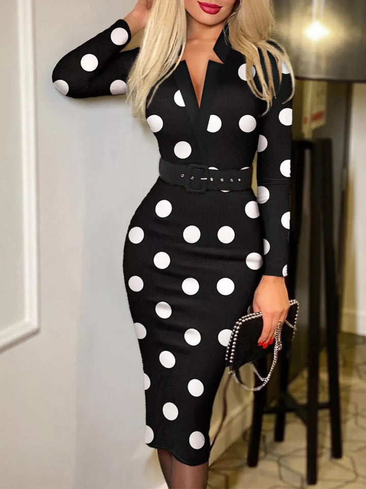 Plus Size Notched Dress with long sleeves and belted waist, featuring a flattering tailored silhouette in soft stretch cotton blend