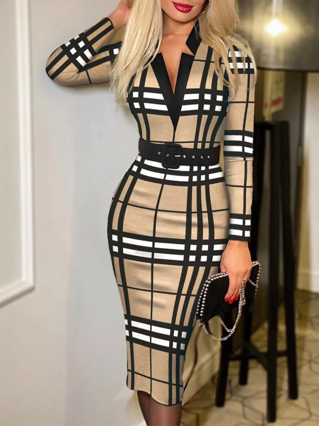 Plus Size Notched Dress with long sleeves and belted waist, featuring a flattering tailored silhouette in soft stretch cotton blend