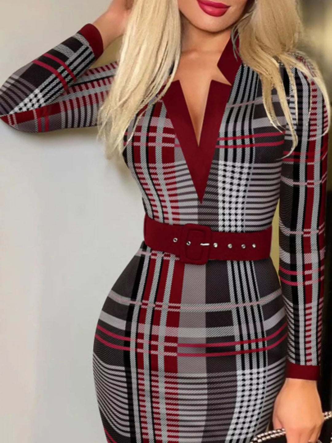 Plus Size Notched Dress with long sleeves and belted waist, featuring a flattering tailored silhouette in soft stretch cotton blend