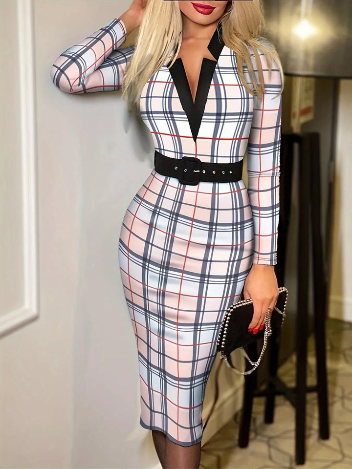 Plus Size Notched Dress with long sleeves and belted waist, featuring a flattering tailored silhouette in soft stretch cotton blend