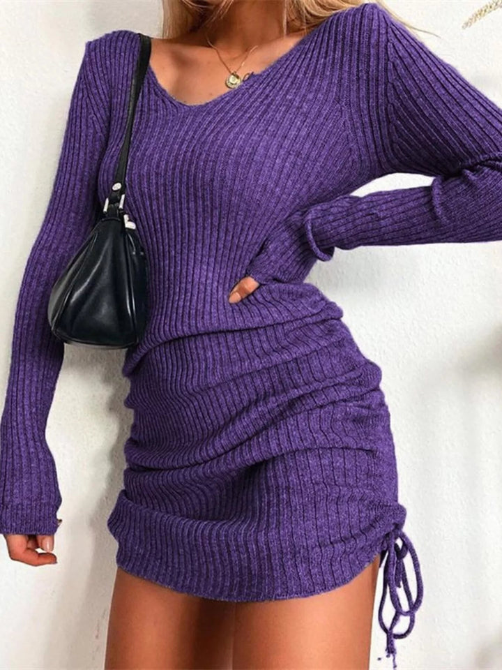 Plus Size Ribbed Sweater Dress with adjustable drawstring detail and fitted bodycon silhouette in soft stretch knit fabric