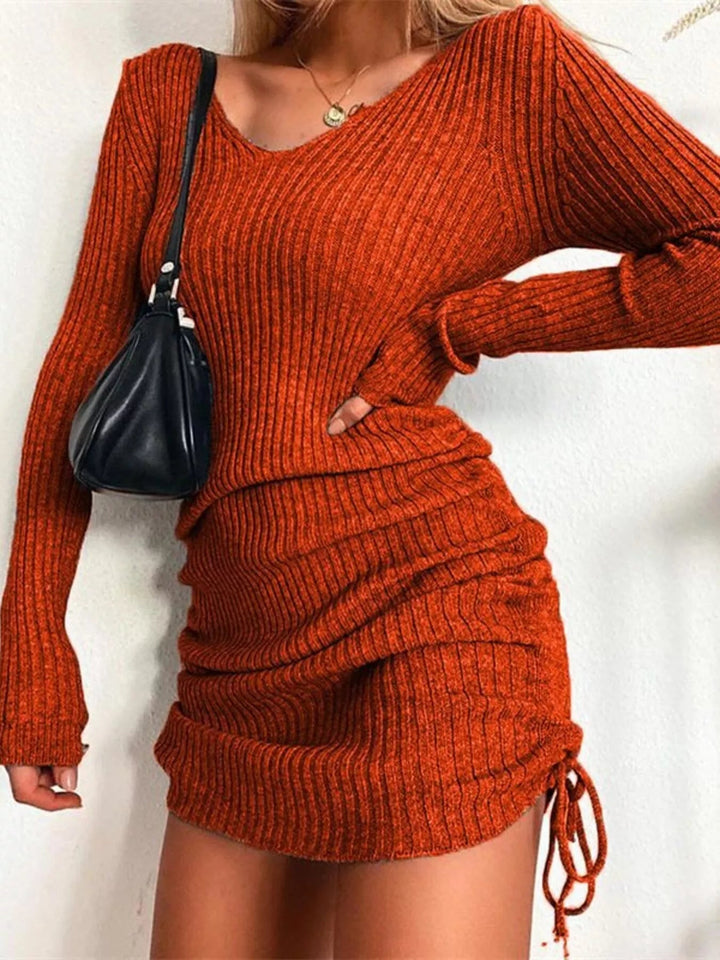 Plus Size Ribbed Sweater Dress with adjustable drawstring detail and fitted bodycon silhouette in soft stretch knit fabric