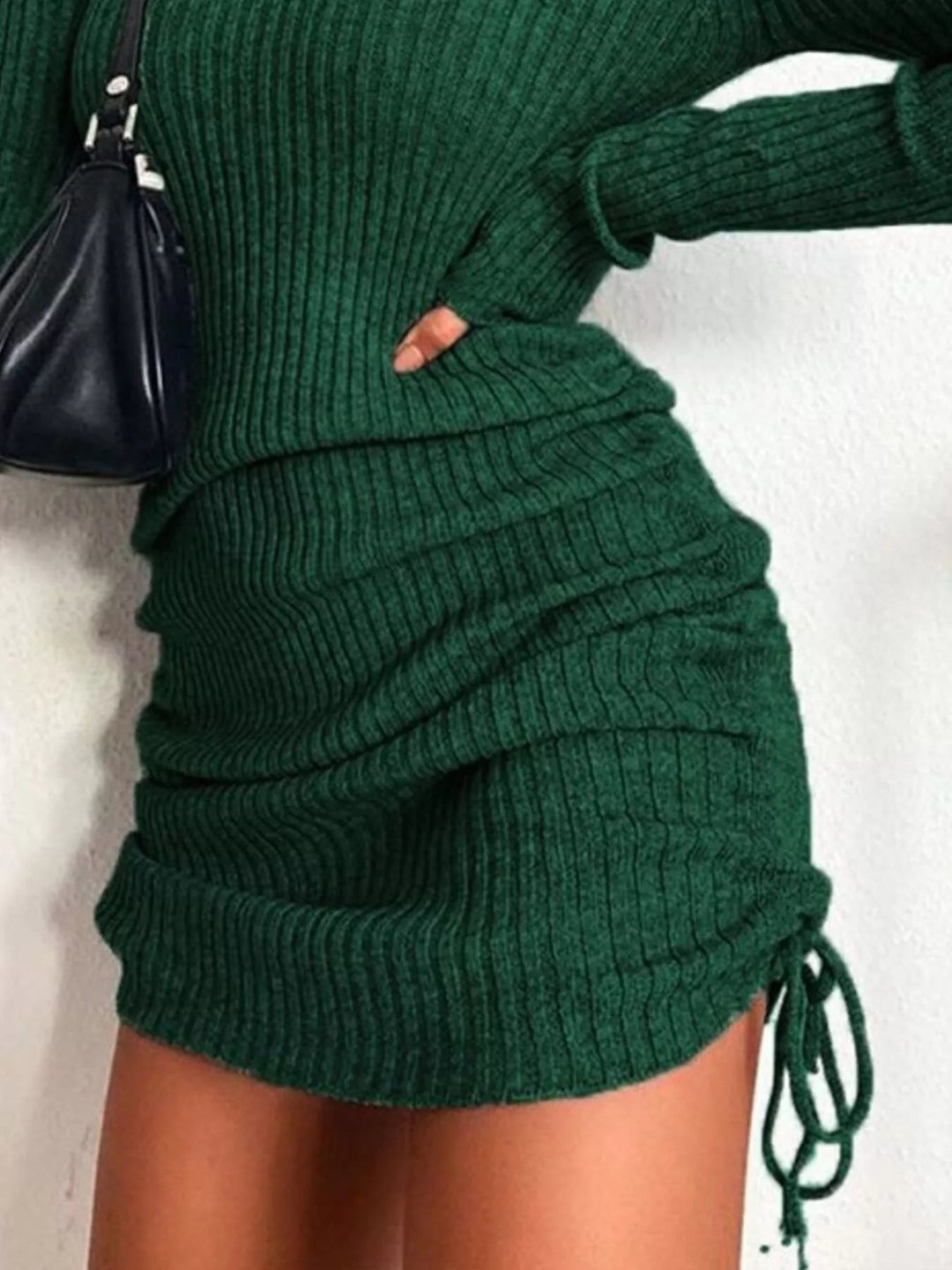 Plus Size Ribbed Sweater Dress with adjustable drawstring detail and fitted bodycon silhouette in soft stretch knit fabric