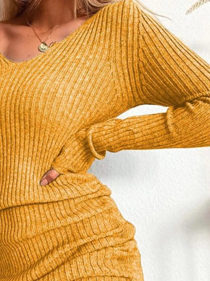 Plus Size Ribbed Sweater Dress with adjustable drawstring detail and fitted bodycon silhouette in soft stretch knit fabric