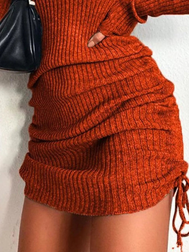 Plus Size Ribbed Sweater Dress with adjustable drawstring detail and fitted bodycon silhouette in soft stretch knit fabric