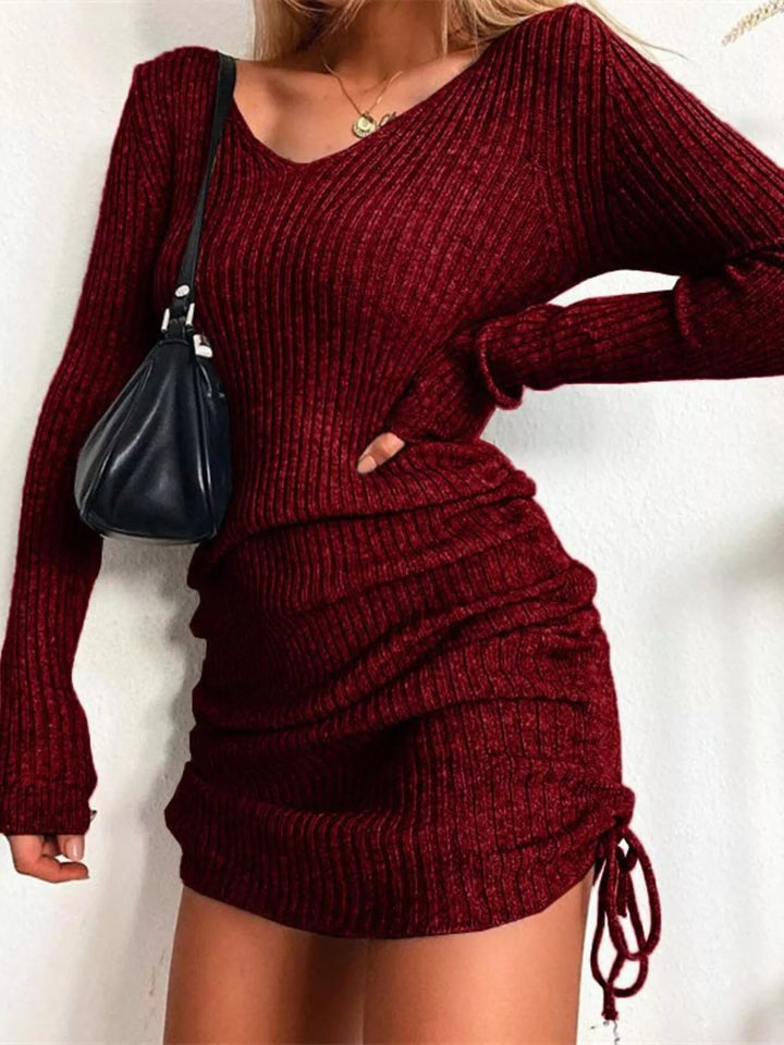Plus Size Ribbed Sweater Dress with adjustable drawstring detail and fitted bodycon silhouette in soft stretch knit fabric