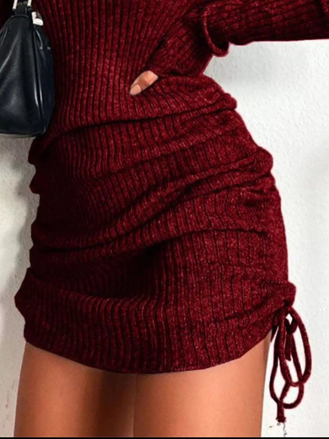 Plus Size Ribbed Sweater Dress with adjustable drawstring detail and fitted bodycon silhouette in soft stretch knit fabric