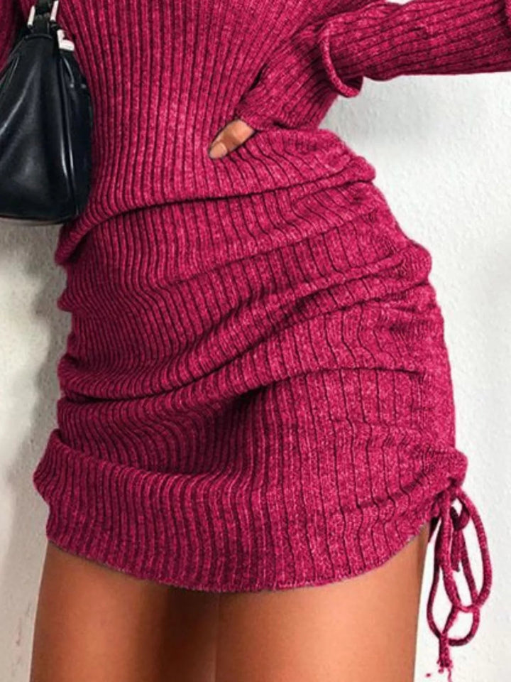 Plus Size Ribbed Sweater Dress with adjustable drawstring detail and fitted bodycon silhouette in soft stretch knit fabric