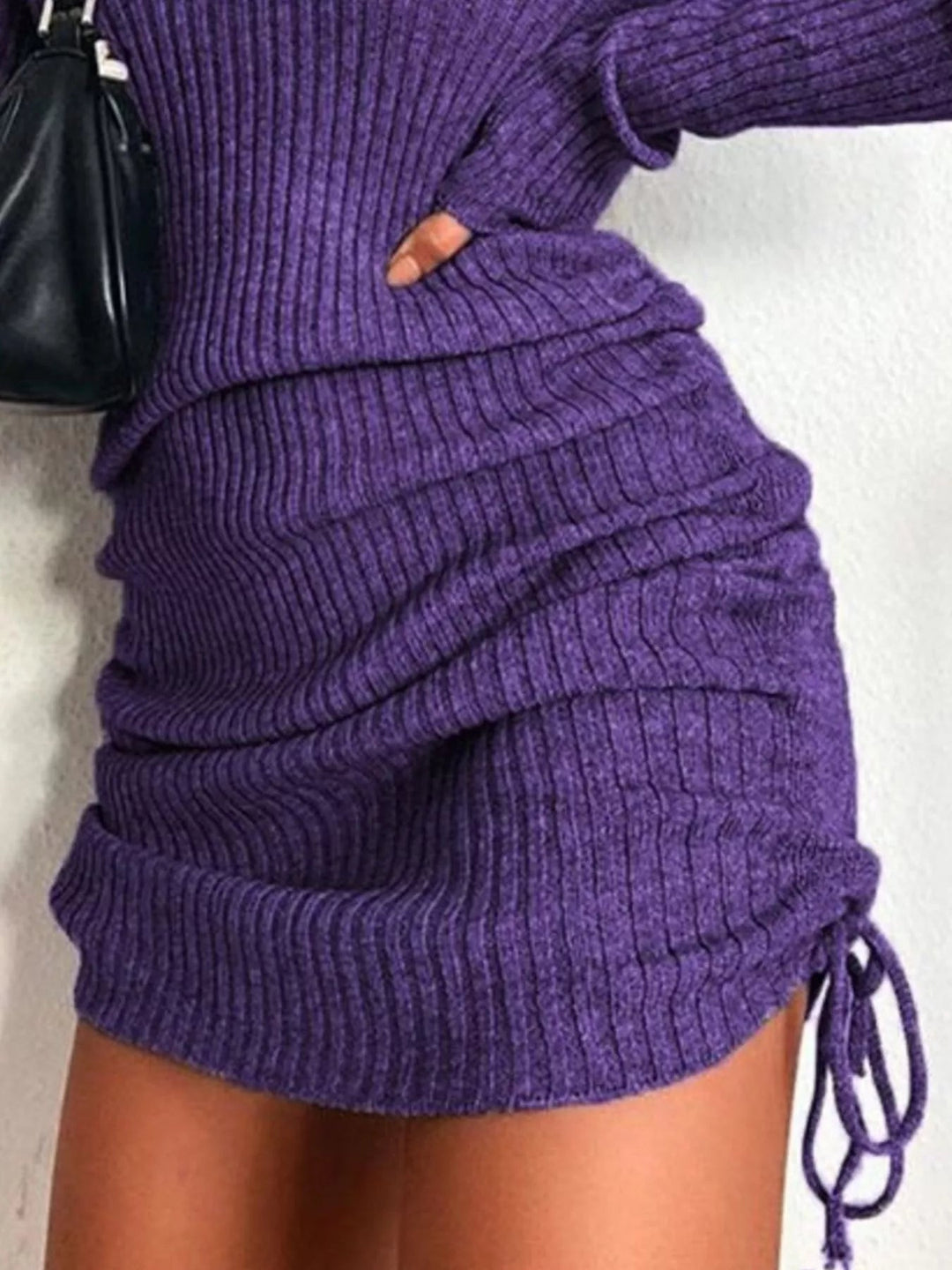 Plus Size Ribbed Sweater Dress with adjustable drawstring detail and fitted bodycon silhouette in soft stretch knit fabric