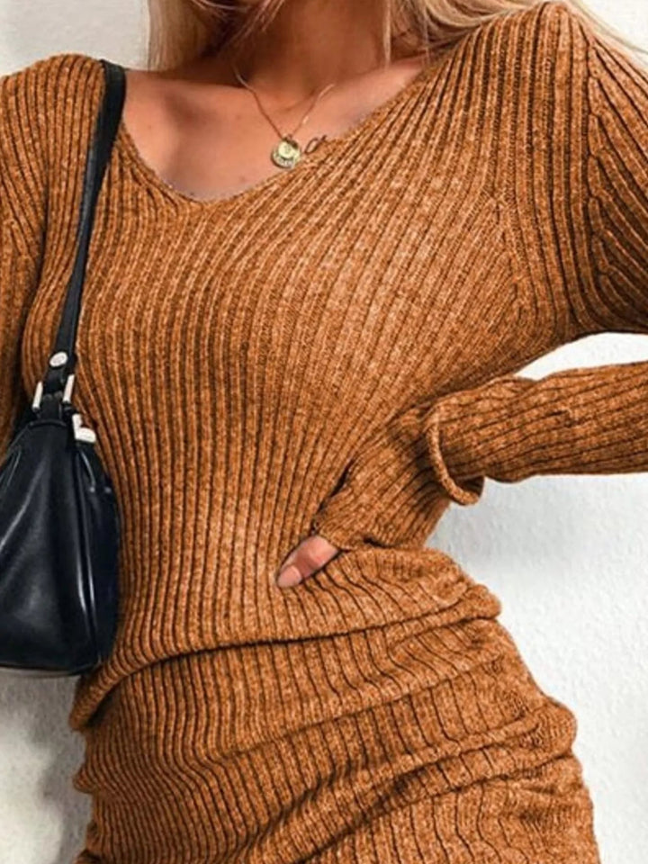Plus Size Ribbed Sweater Dress with adjustable drawstring detail and fitted bodycon silhouette in soft stretch knit fabric