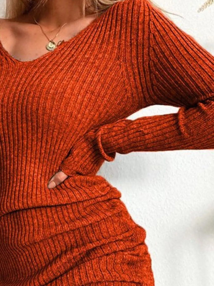 Plus Size Ribbed Sweater Dress with adjustable drawstring detail and fitted bodycon silhouette in soft stretch knit fabric