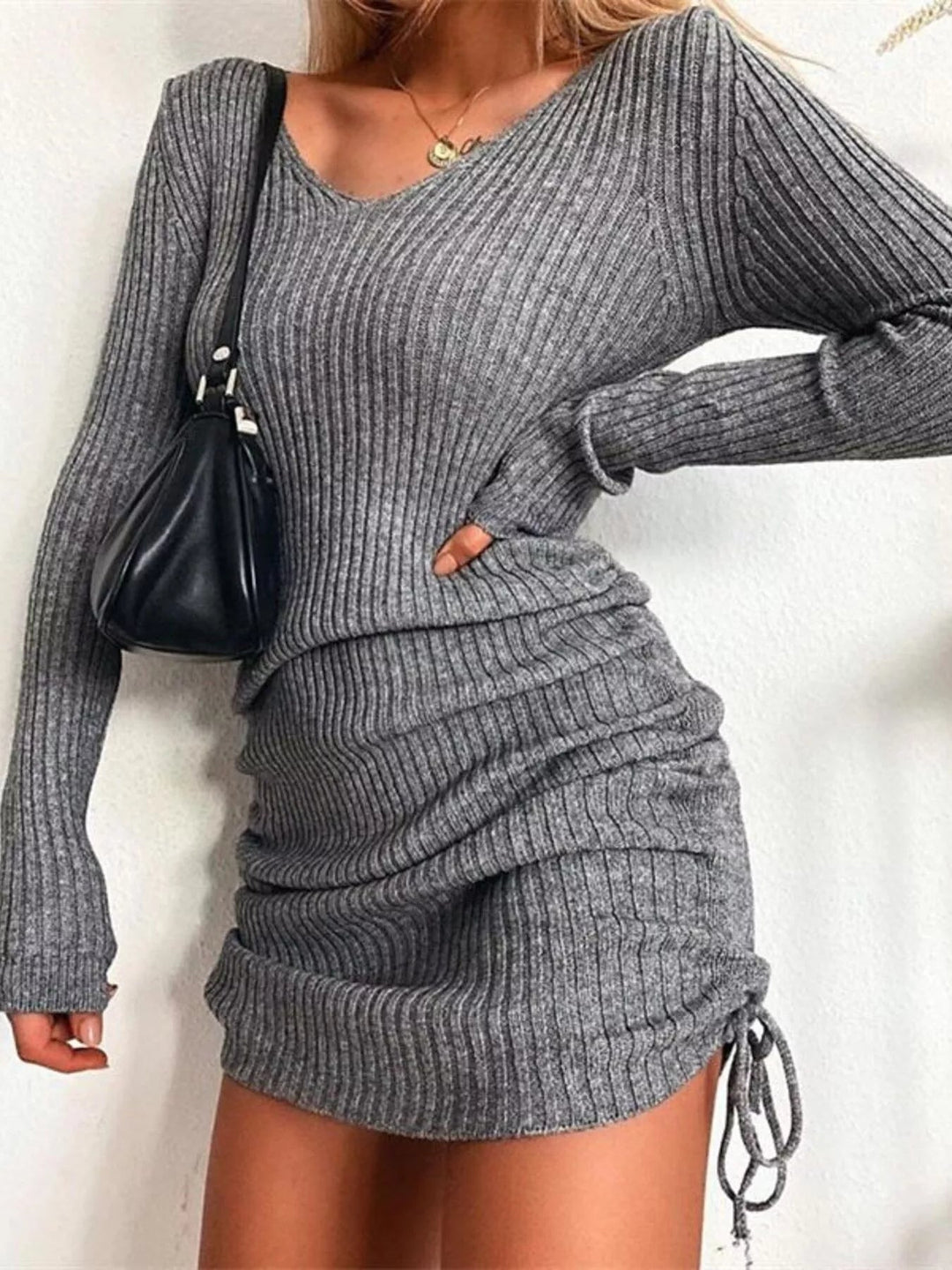 Plus Size Ribbed Sweater Dress with adjustable drawstring detail and fitted bodycon silhouette in soft stretch knit fabric