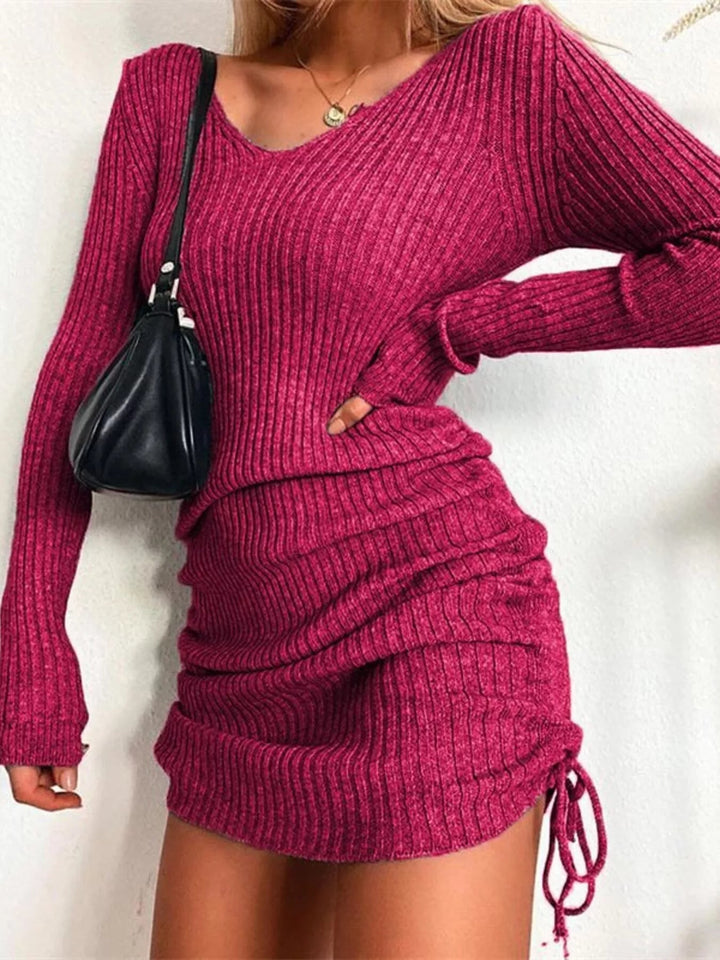 Plus Size Ribbed Sweater Dress with adjustable drawstring detail and fitted bodycon silhouette in soft stretch knit fabric