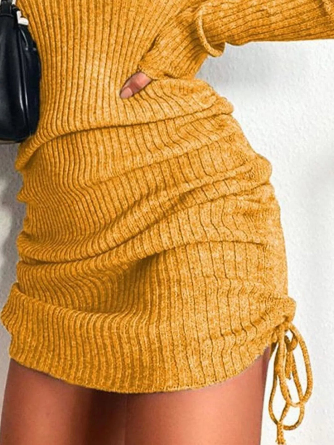 Plus Size Ribbed Sweater Dress with adjustable drawstring detail and fitted bodycon silhouette in soft stretch knit fabric