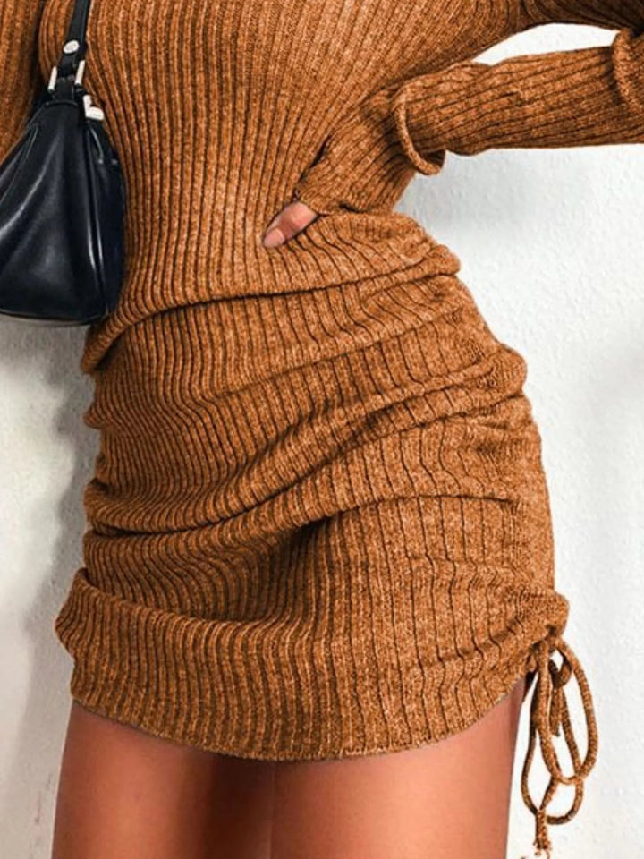 Plus Size Ribbed Sweater Dress with adjustable drawstring detail and fitted bodycon silhouette in soft stretch knit fabric