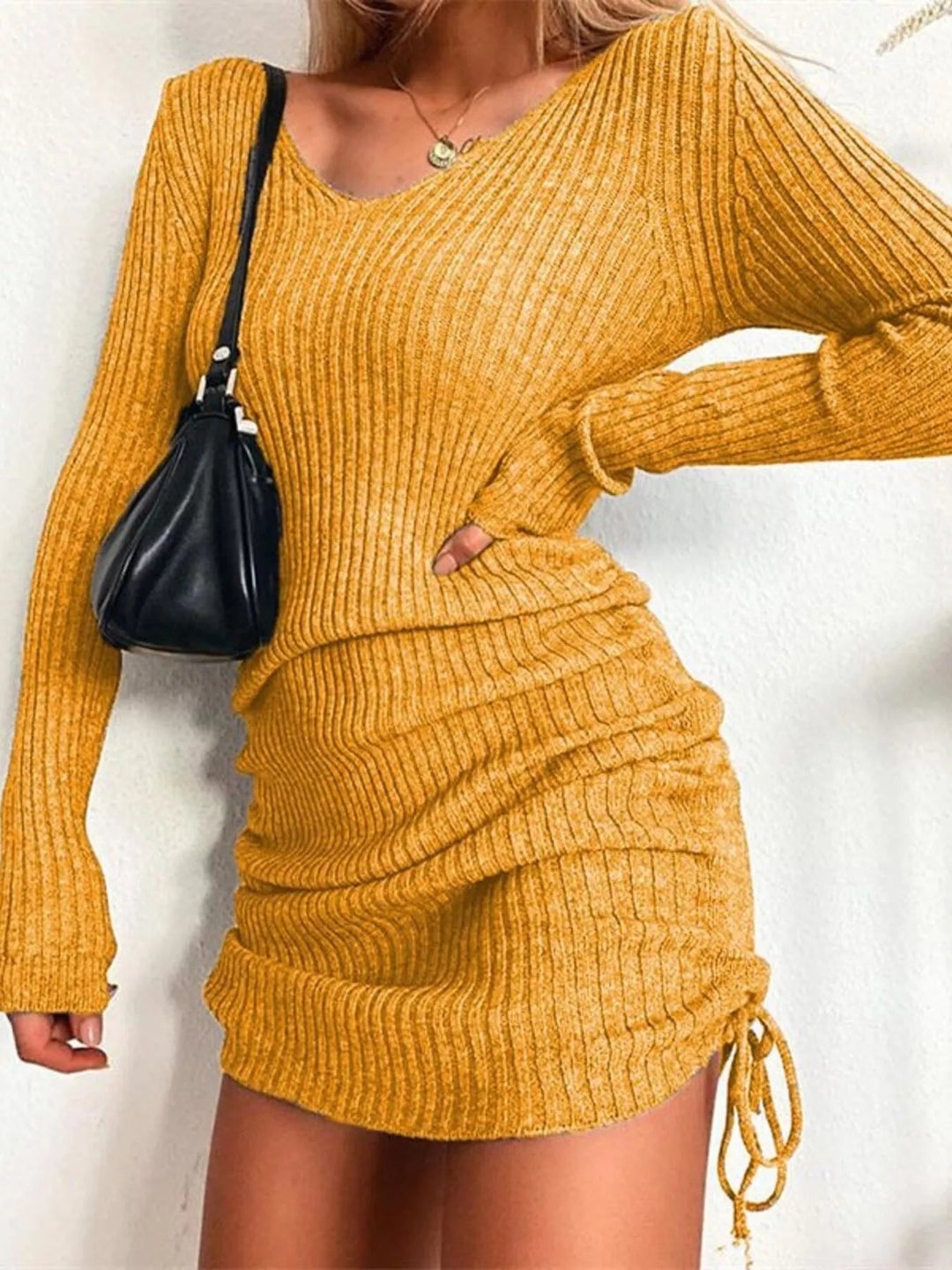 Plus Size Ribbed Sweater Dress with adjustable drawstring detail and fitted bodycon silhouette in soft stretch knit fabric