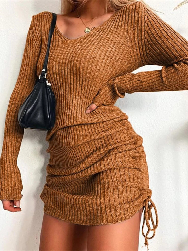Plus Size Ribbed Sweater Dress with adjustable drawstring detail and fitted bodycon silhouette in soft stretch knit fabric
