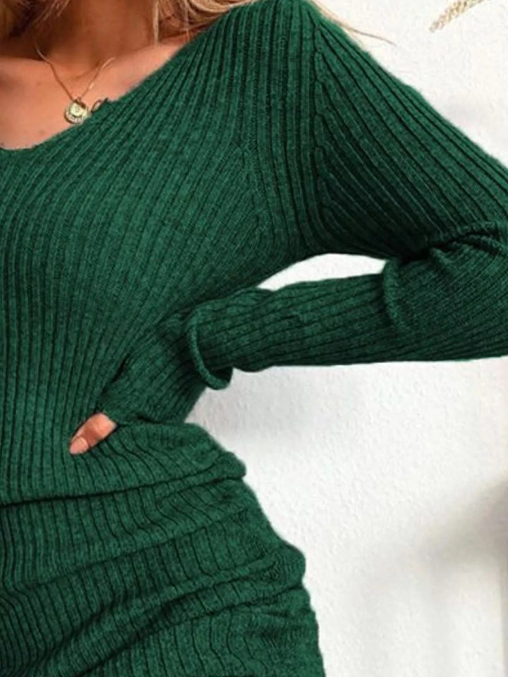 Plus Size Ribbed Sweater Dress with adjustable drawstring detail and fitted bodycon silhouette in soft stretch knit fabric