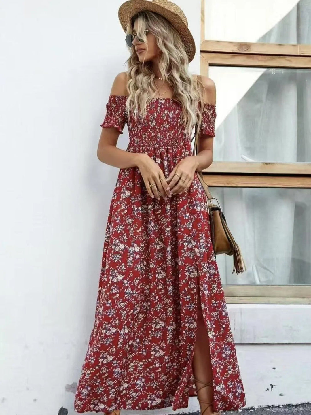 Plus Size Off-Shoulder Floral Dress with smocked neckline, side slit, and flowing midi silhouette in soft floral print