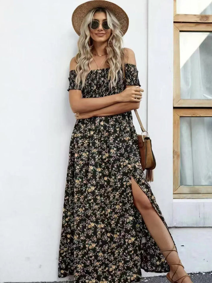 Plus Size Off-Shoulder Floral Dress with smocked neckline, side slit, and flowing midi silhouette in soft floral print