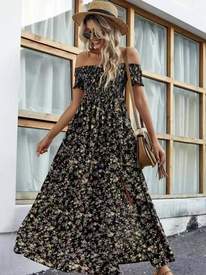 Plus Size Off-Shoulder Floral Dress with smocked neckline, side slit, and flowing midi silhouette in soft floral print
