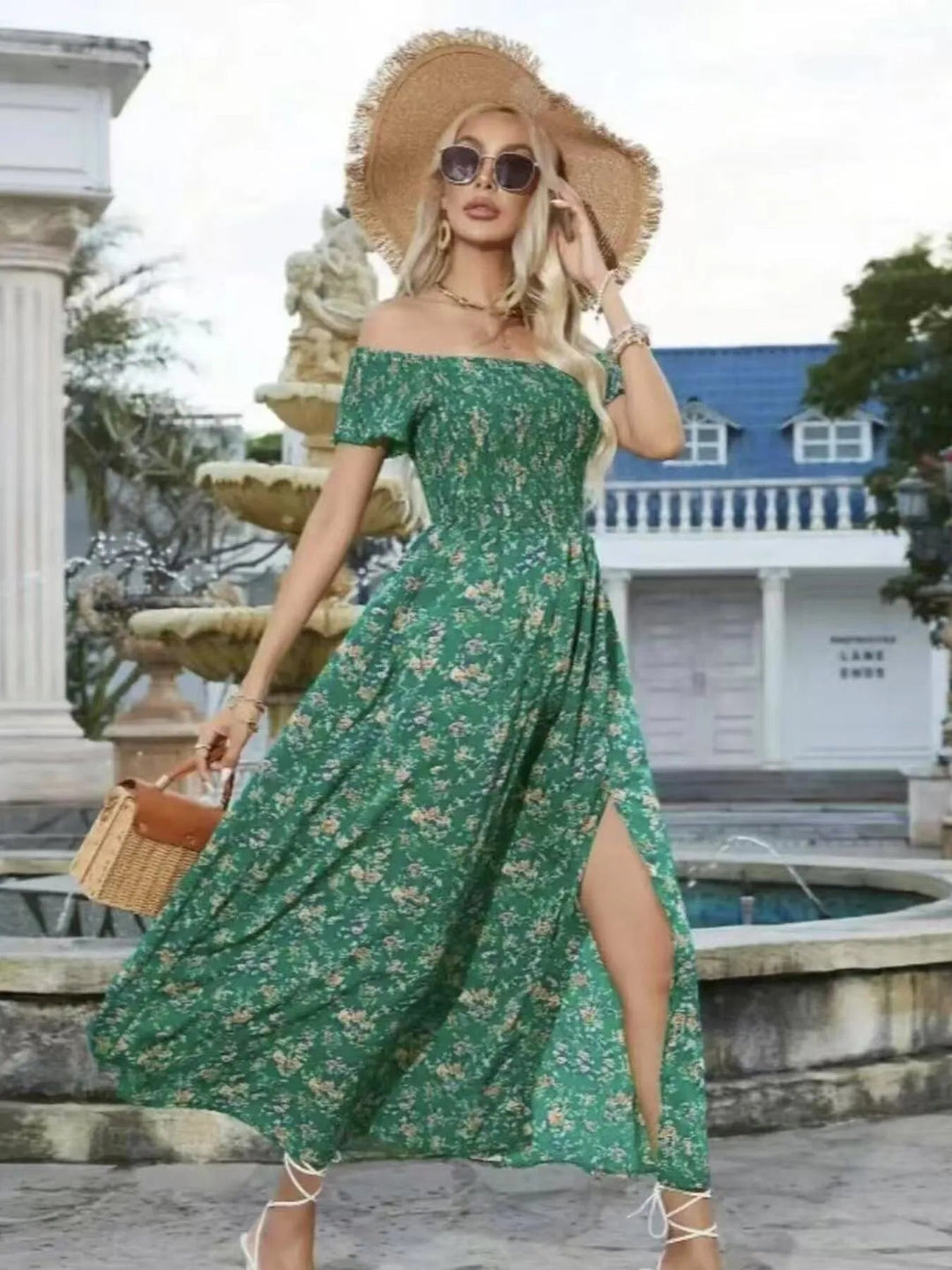 Plus Size Off-Shoulder Floral Dress with smocked neckline, side slit, and flowing midi silhouette in soft floral print