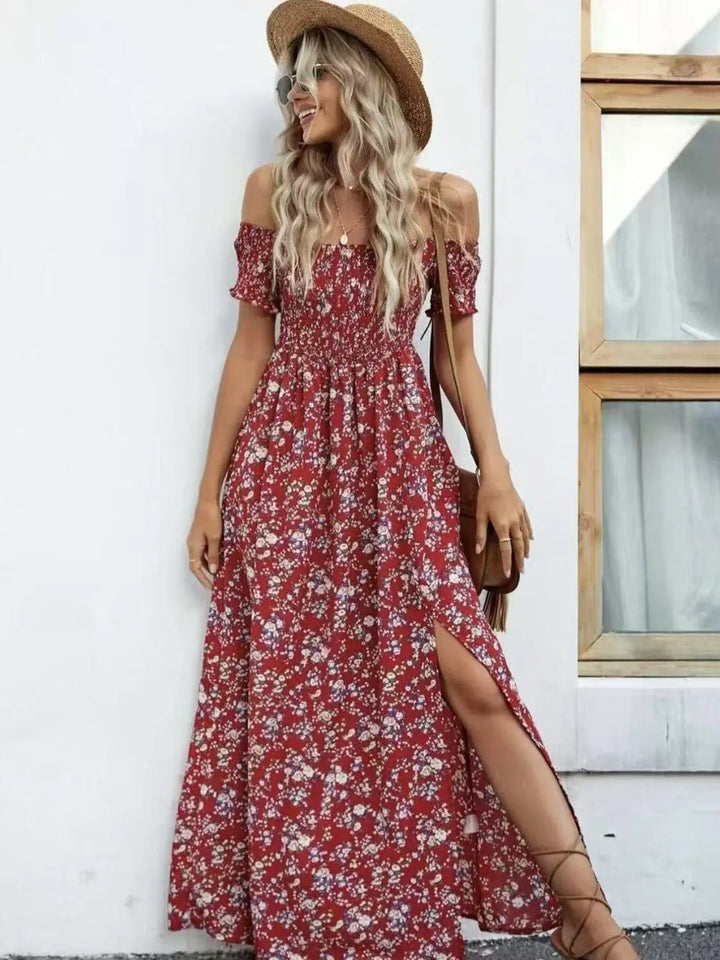 Plus Size Off-Shoulder Floral Dress with smocked neckline, side slit, and flowing midi silhouette in soft floral print