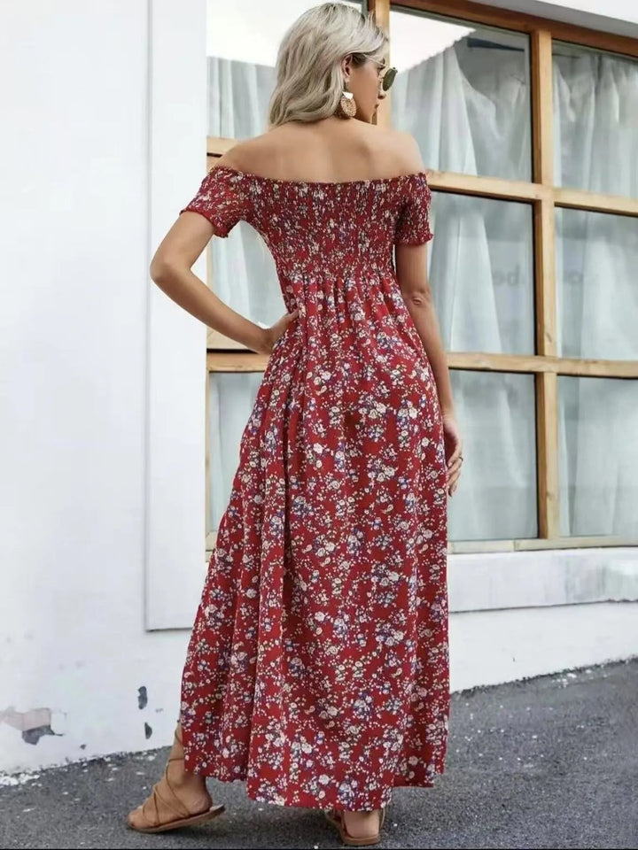 Plus Size Off-Shoulder Floral Dress with smocked neckline, side slit, and flowing midi silhouette in soft floral print