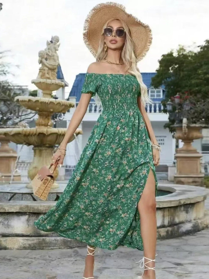 Plus Size Off-Shoulder Floral Dress with smocked neckline, side slit, and flowing midi silhouette in soft floral print