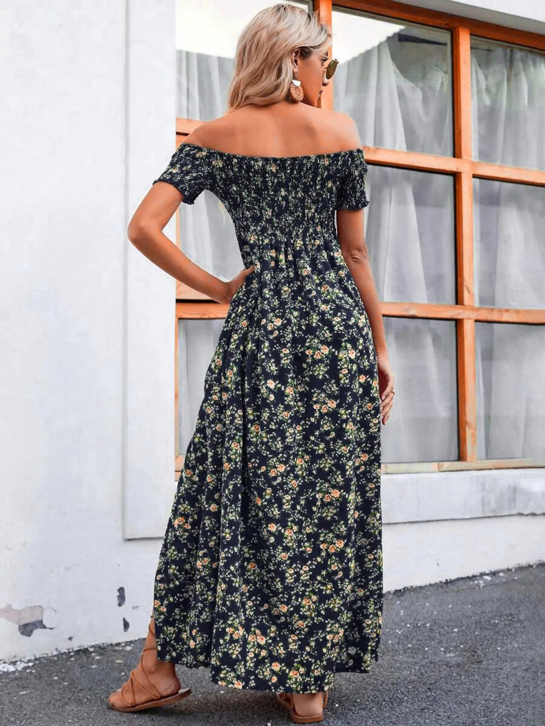 Plus Size Off-Shoulder Floral Dress with smocked neckline, side slit, and flowing midi silhouette in soft floral print