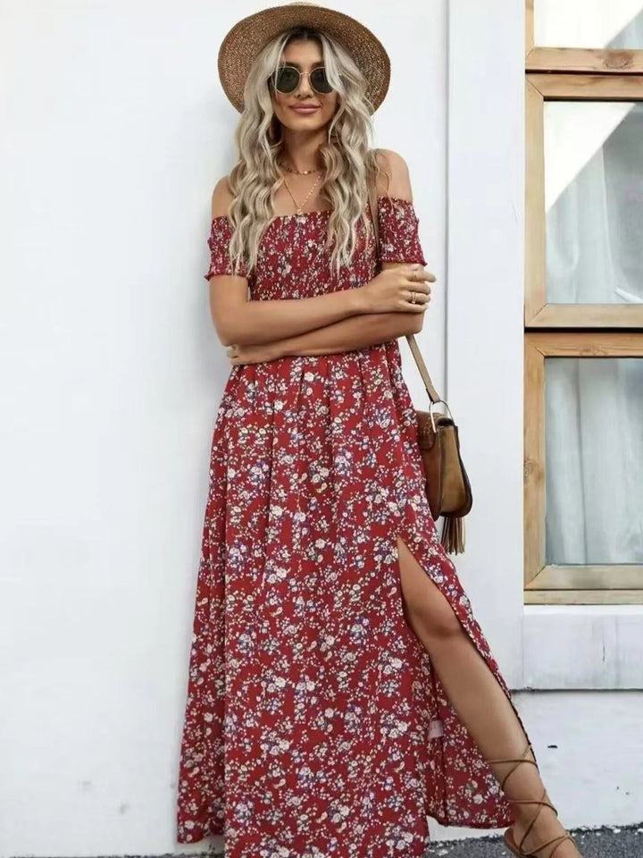 Plus Size Off-Shoulder Floral Dress with smocked neckline, side slit, and flowing midi silhouette in soft floral print