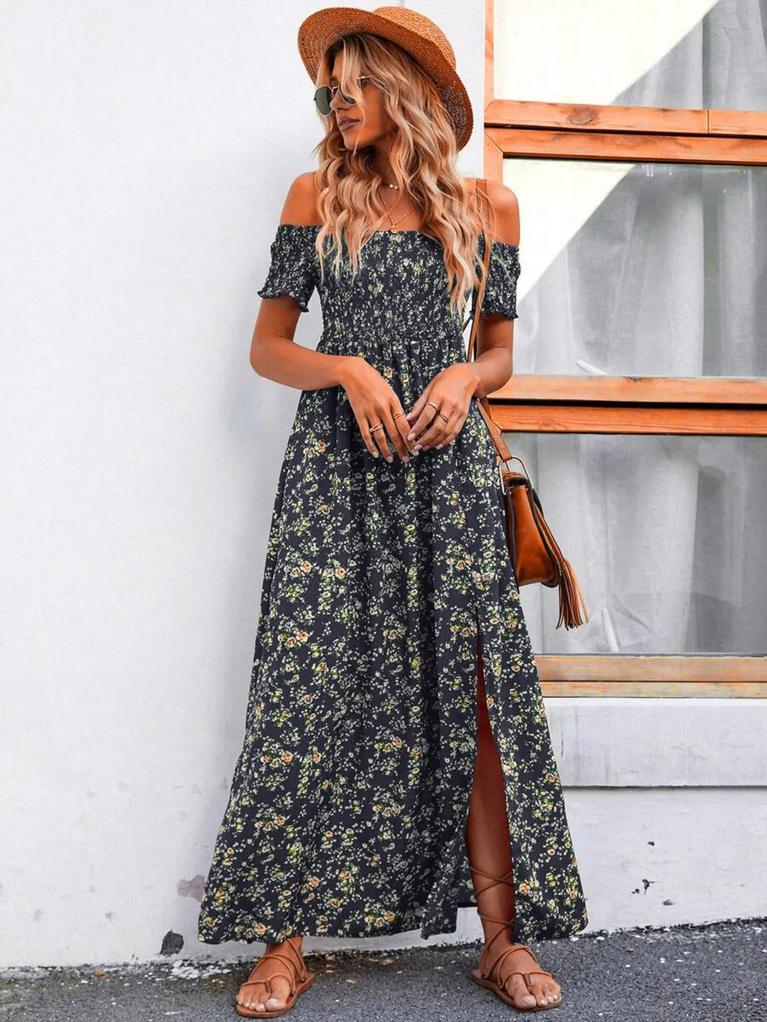 Plus Size Off-Shoulder Floral Dress with smocked neckline, side slit, and flowing midi silhouette in soft floral print